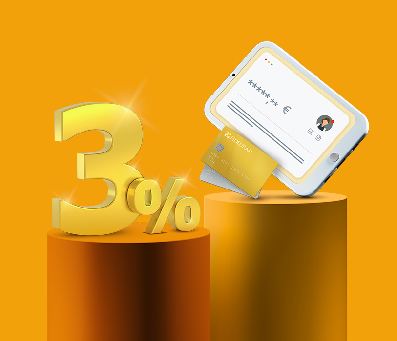 Numero 3% che rappresenta il tasso sul cash deposit vicino a carta di credito oro e tablet con accesso all’internet banking.