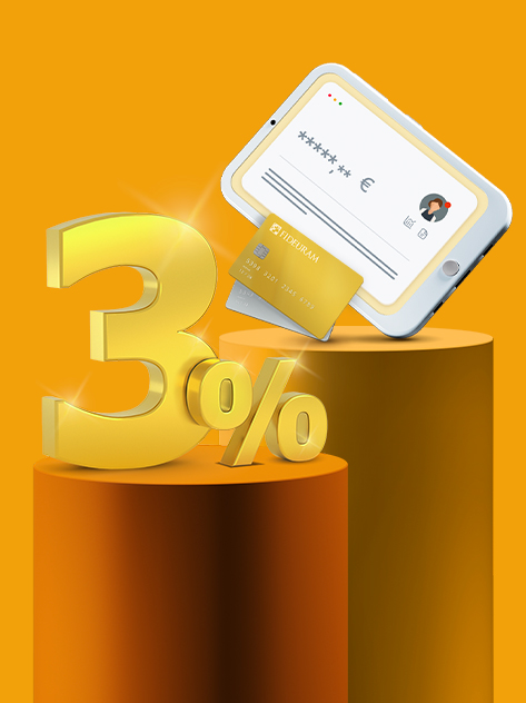 Numero 3% che rappresenta il tasso sul cash deposit vicino a carta di credito oro e tablet con accesso all’internet banking.