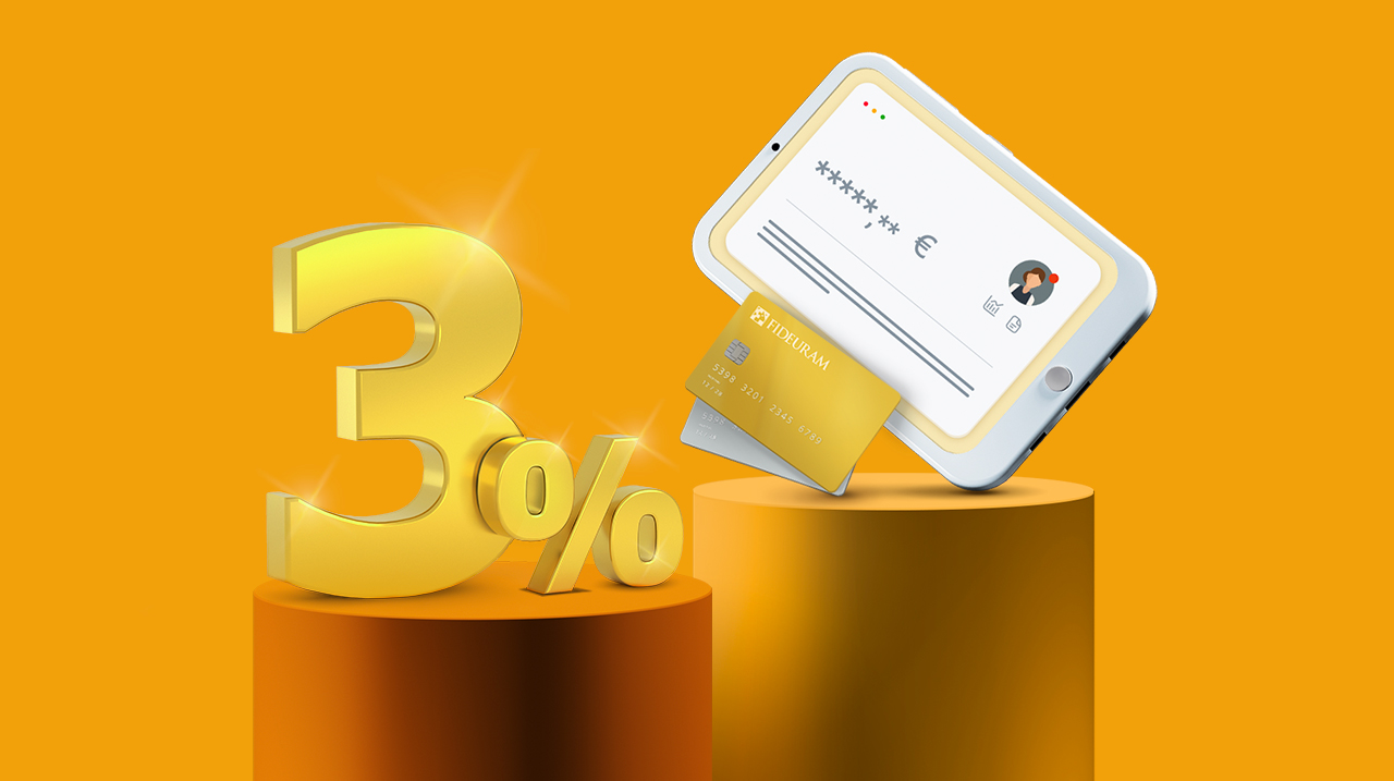 Numero 3% che rappresenta il tasso sul cash deposit vicino a carta di credito oro e tablet con accesso all’internet banking.
