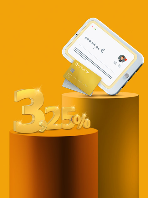 Numero 3,25% che rappresenta il tasso sul cash deposit vicino a carta di credito oro e tablet con accesso all’internet banking.