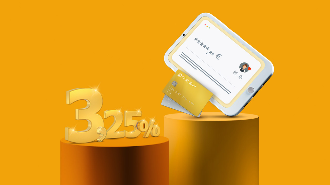 Numero 3,25% che rappresenta il tasso sul cash deposit vicino a carta di credito oro e tablet con accesso all’internet banking.