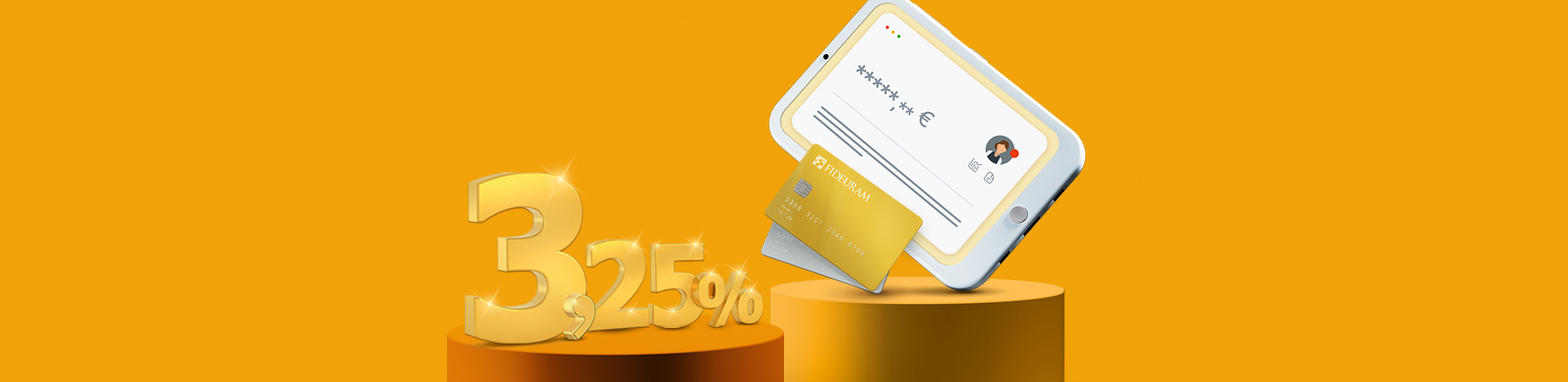 Numero 3,25% che rappresenta il tasso sul cash deposit vicino a carta di credito oro e tablet con accesso all’internet banking.