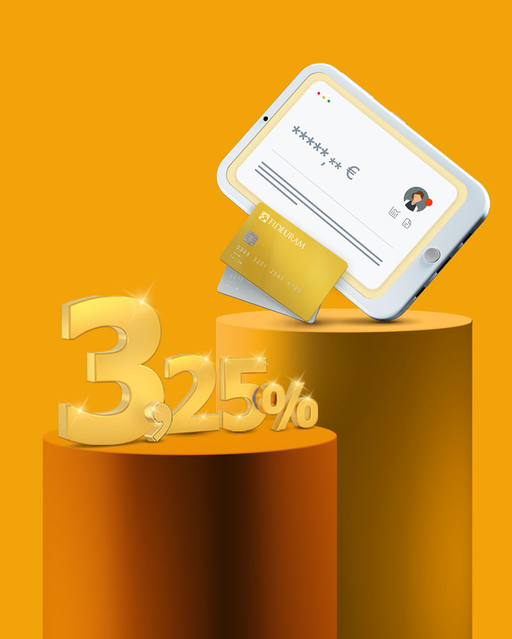 Numero 3,25% che rappresenta il tasso sul cash deposit vicino a carta di credito oro e tablet con accesso all’internet banking.