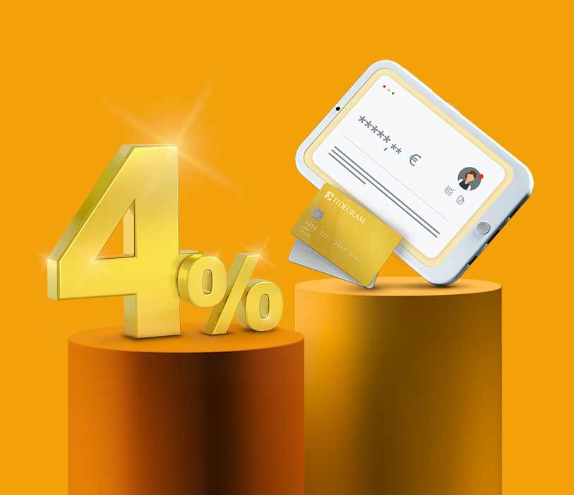 Disegno 3D su fondo giallo che rappresenta  il tasso del 4%  e l'accesso all'internet banking da tablet.