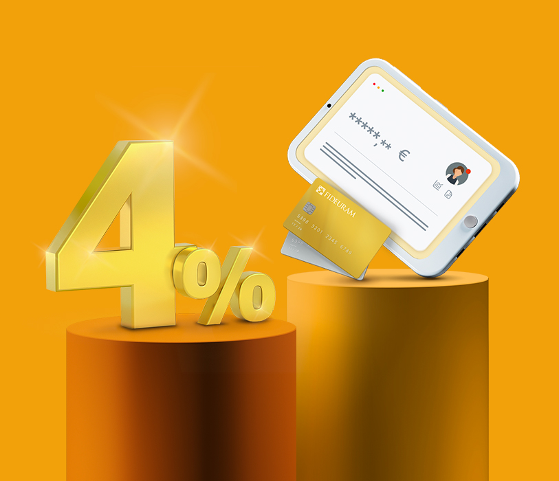 Disegno 3D su fondo giallo che il tasso del 4% e l'accesso all'internet banking da tablet.