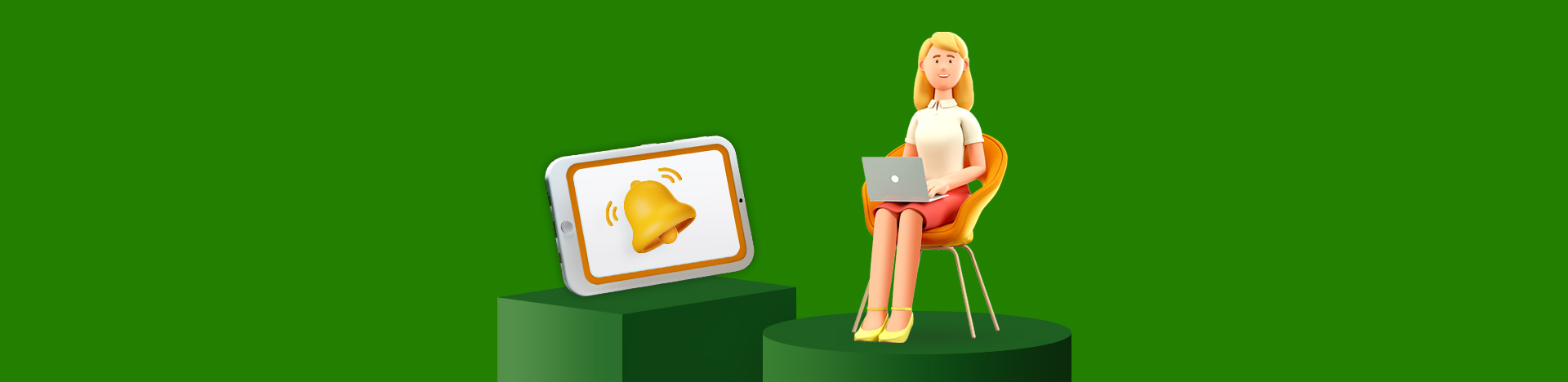 Disegno 3D Una notifica segnala le iniziative che una ragazza consulta al pc.