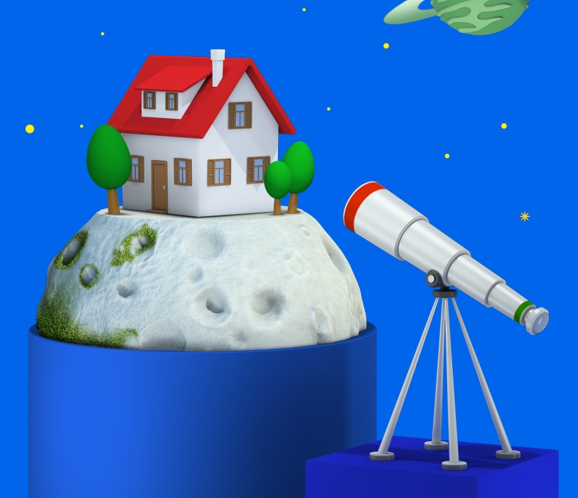 Disegno 3D che raffigura un telescopio puntato su un pianeta su cui è raffigurata una casa e su un cielo punteggiato di stelle e pianeti.