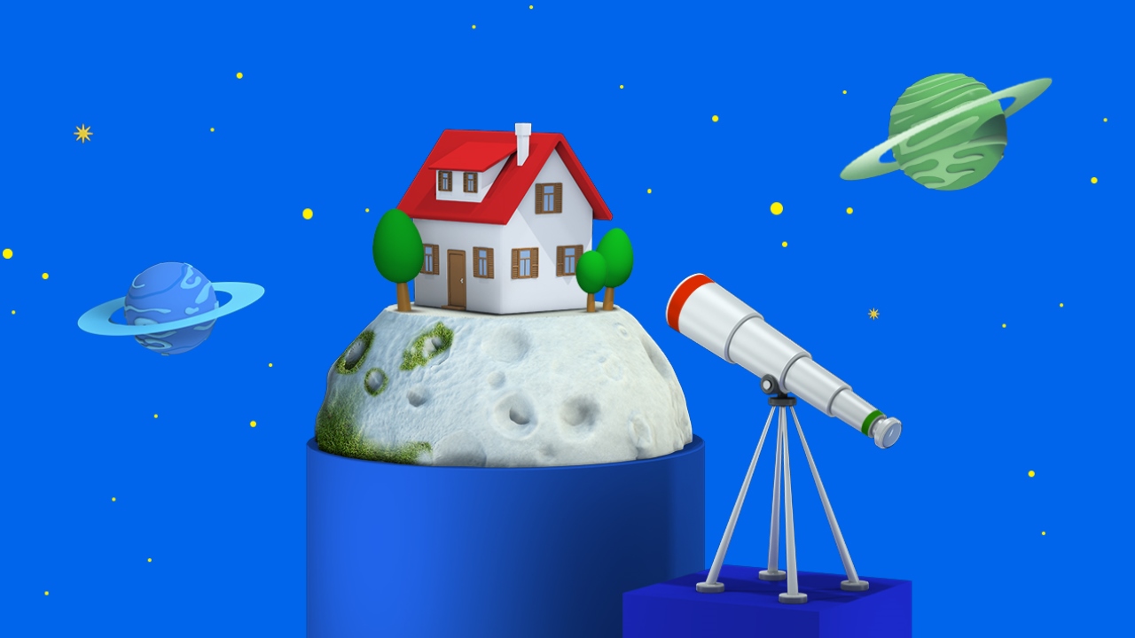 Disegno 3D che raffigura un telescopio puntato su un pianeta su cui è raffigurata una casa e su un cielo punteggiato di stelle e pianeti.