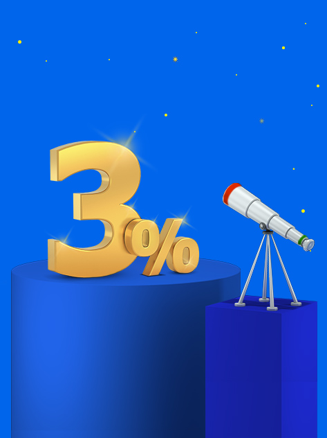 Disegno 3D che raffigura un telescopio puntato su un 3%.