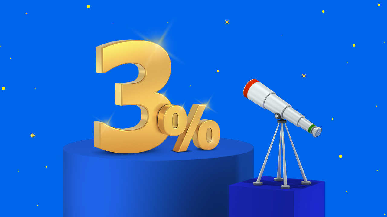 Disegno 3D che raffigura un telescopio puntato su un 3%.