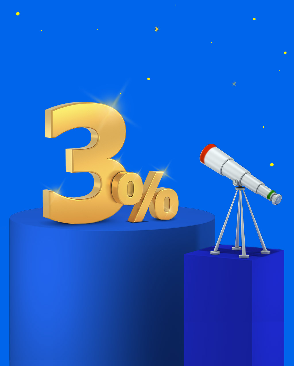 Disegno 3D che raffigura un telescopio puntato su un 3%.