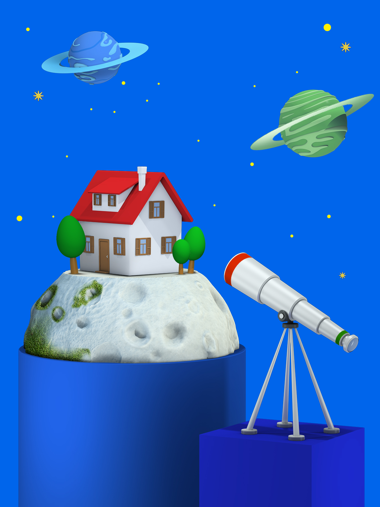 disegno 3D che raffigura un telescopio puntato su un pianeta su cui è raffigurata una casa e su un cielo punteggiato di stelle e pianeti