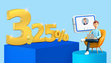 Disegno 3D che rappresenta un 3,25% posizionato a fianco al Direct Banker seduto in poltrona che colloquia a distanza con il cliente.