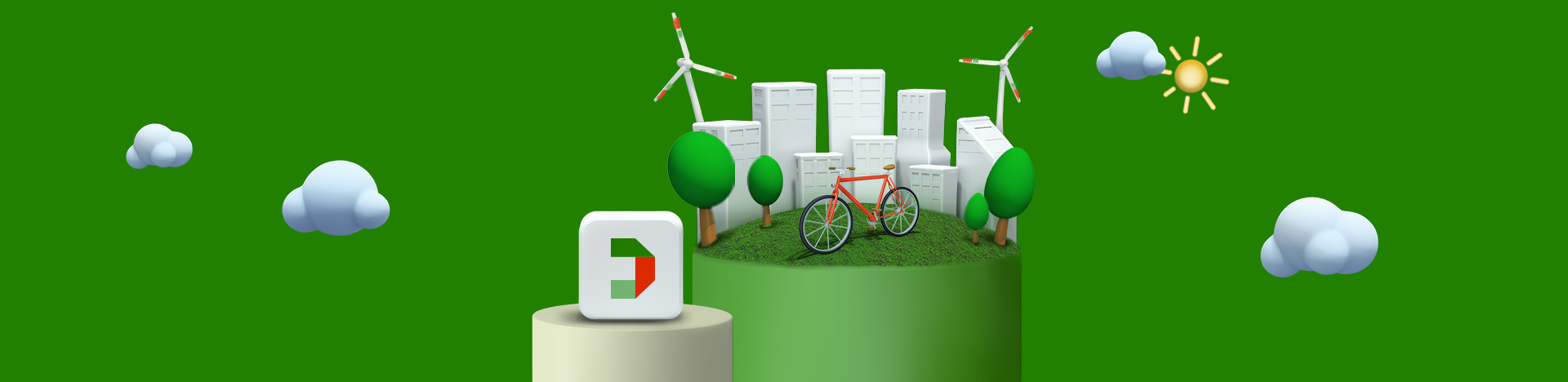 Disegno 3D che rappresenta una città sostenibile con in primo piano una bicicletta, le pale eoliche e il pittogramma di Fideuram Direct