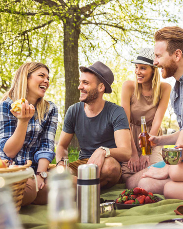 Gruppo di amici si diverte all'ombra degli alberi.
