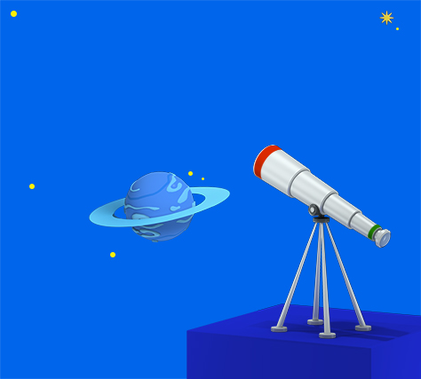 Immagine 3D con telescopio che guarda ai pianeti