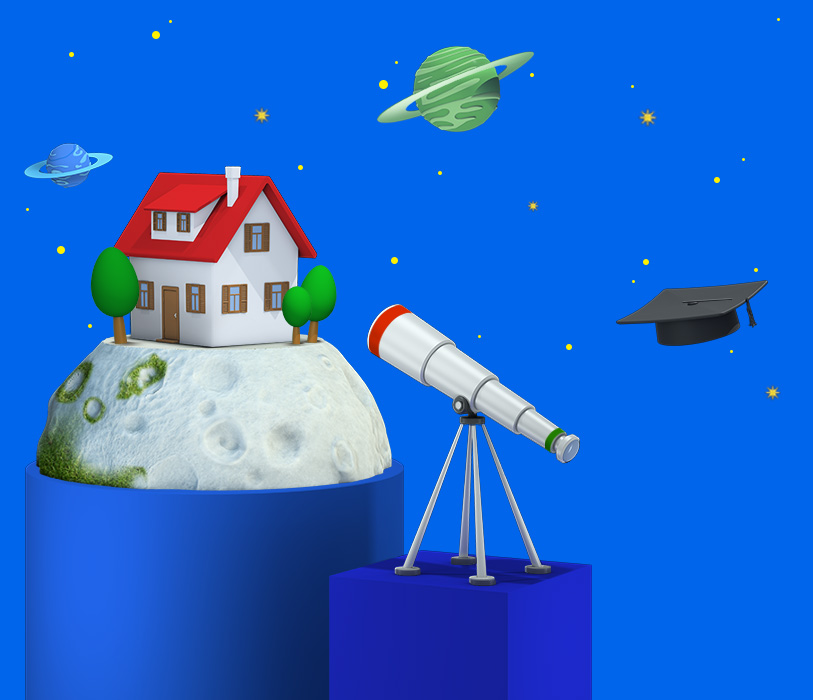 Immagine 3D con telescopio che guarda ai pianeti