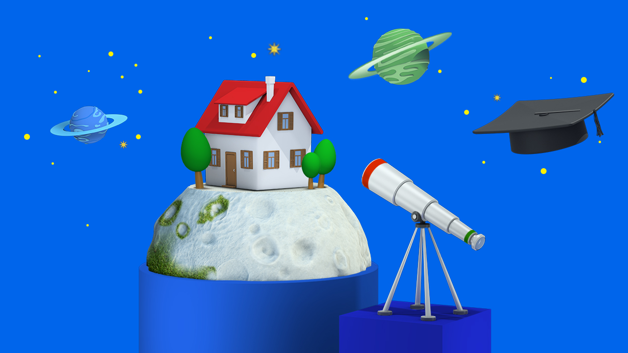 Immagine 3D con telescopio che guarda ai pianeti
