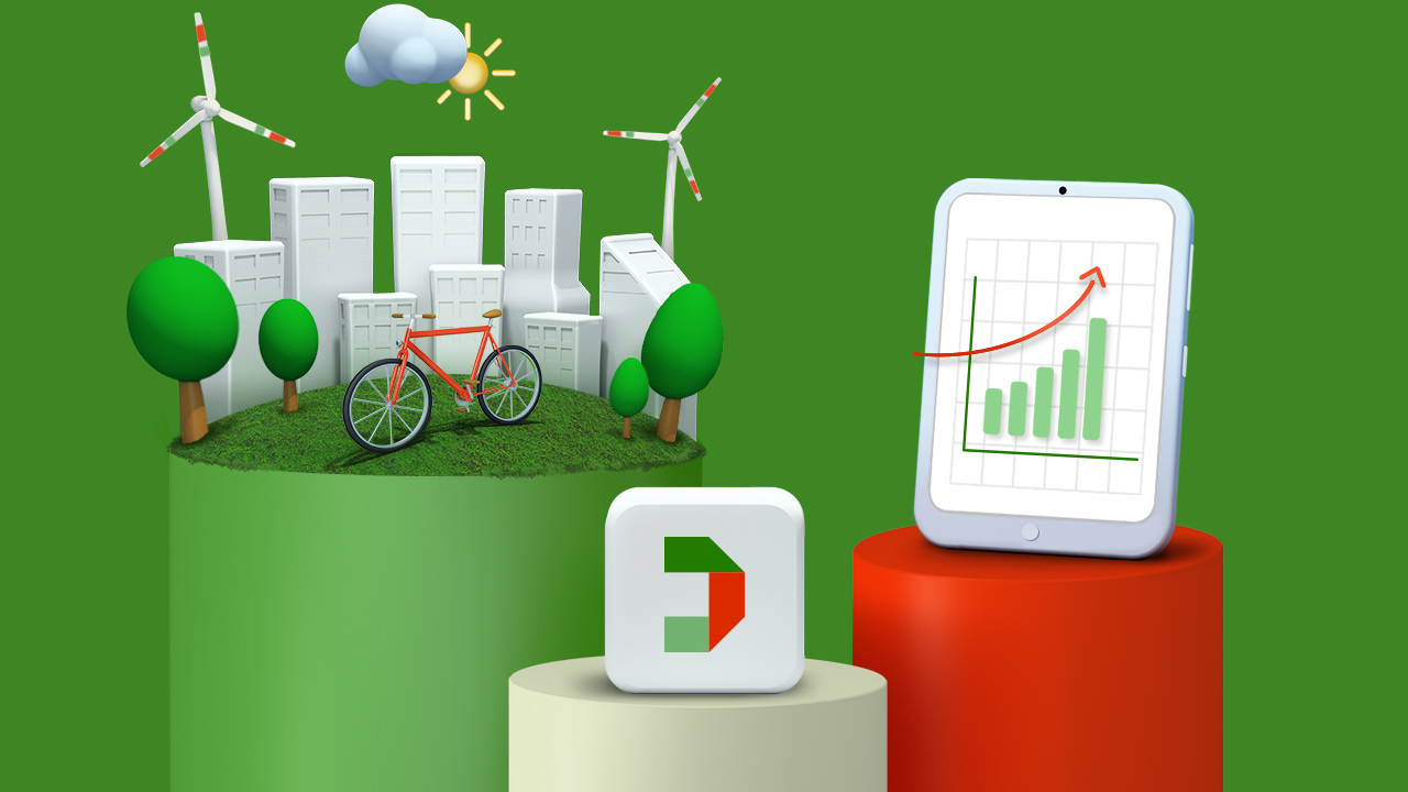 Disegno 3D su fondo verde che rappresenta il pittogramma di Fideuram Direct e una città sostenibile.
