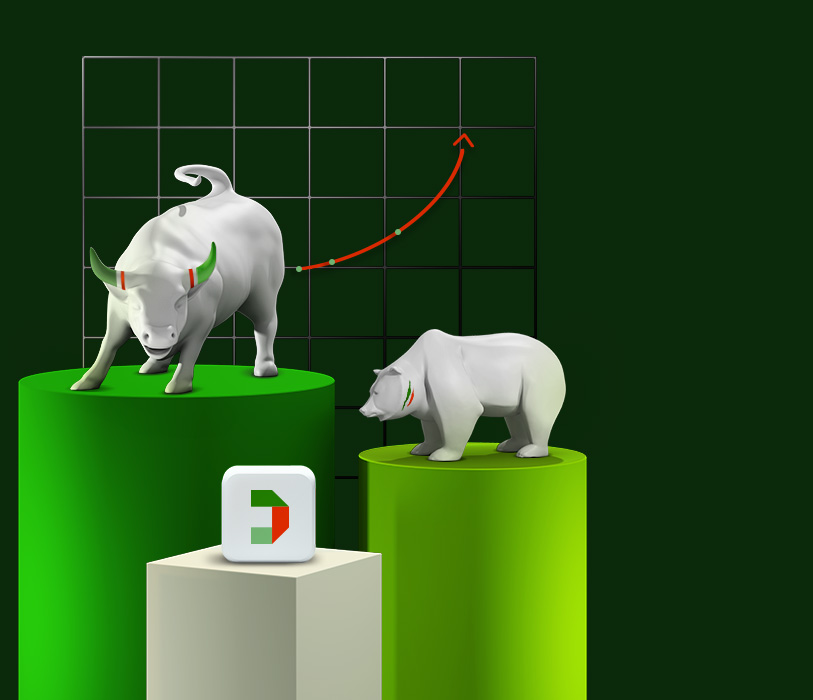 Disegno 3D che rappresenta il toro e l'orso e il pittogramma di Fideuram Direct.