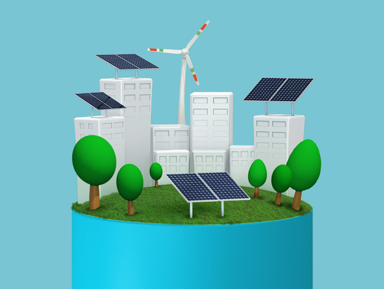 Immagine evocativa 3D che descrive gli investimenti sostebili: alberi, pale eoliche, pannelli solari