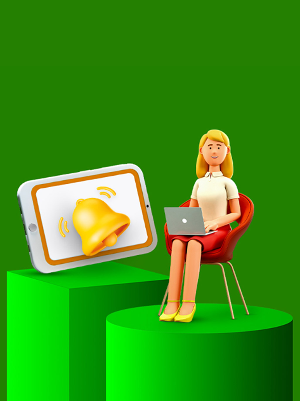 Disegno 3D Una notifica segnala le iniziative che una ragazza consulta al pc.