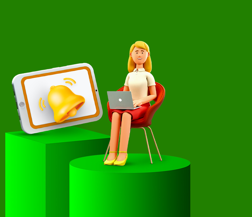Disegno 3D Una notifica segnala le iniziative che una ragazza consulta al pc.