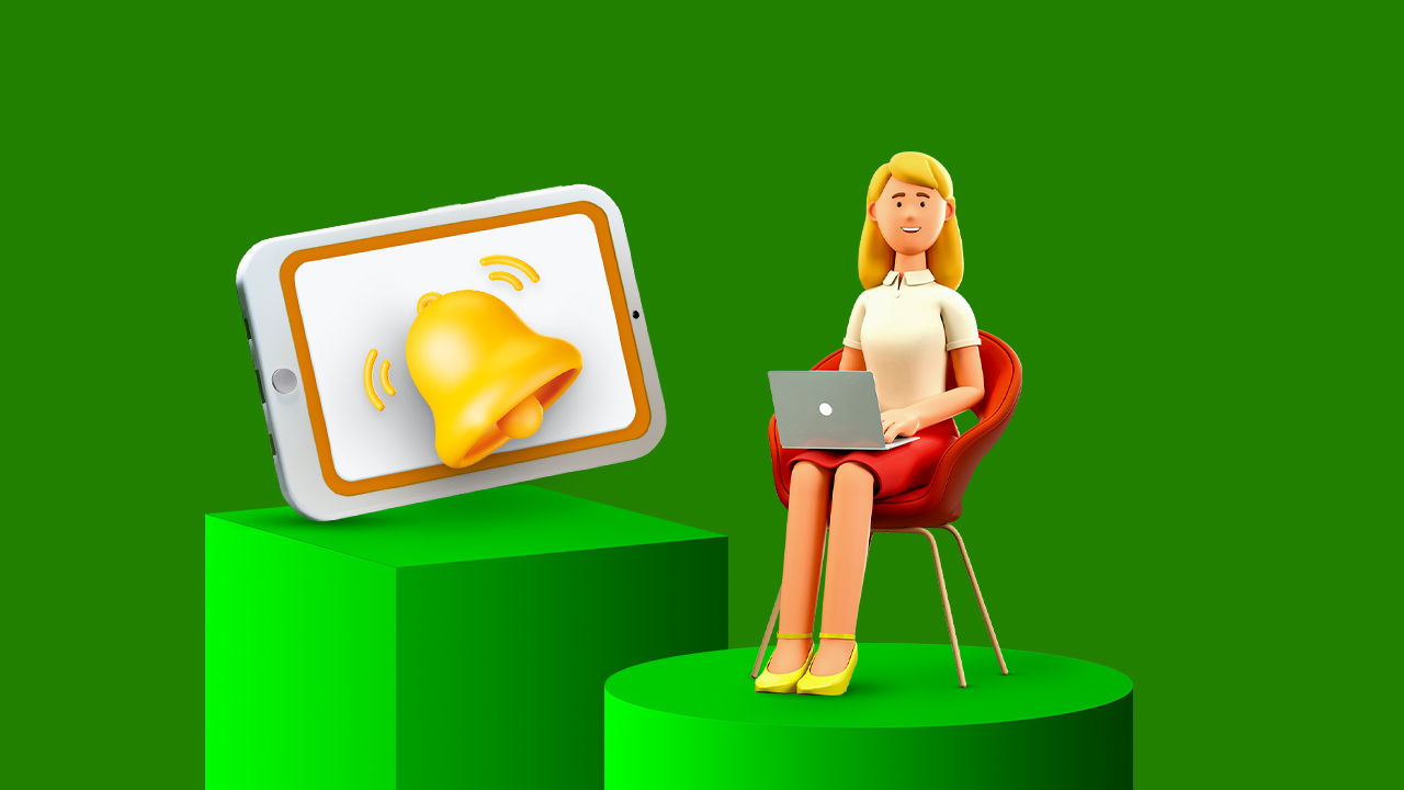 Disegno 3D Una notifica segnala le iniziative che una ragazza consulta al pc.