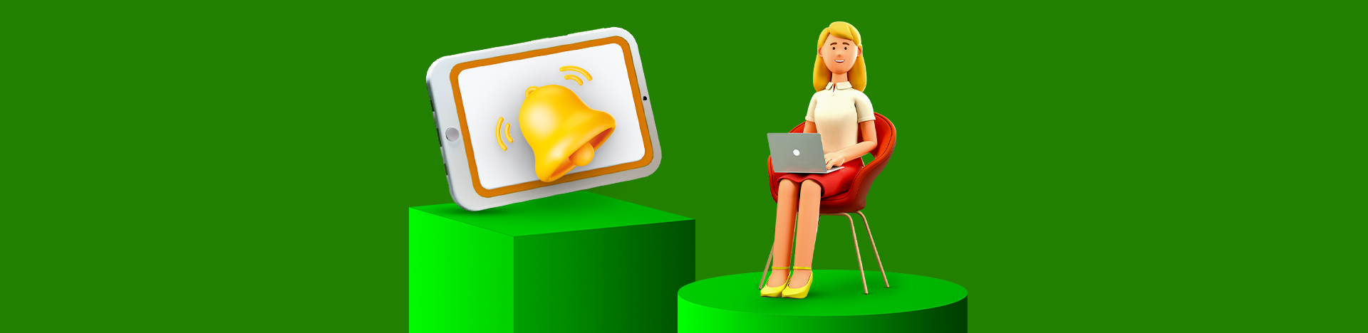 Disegno 3D Una notifica segnala le iniziative che una ragazza consulta al pc.