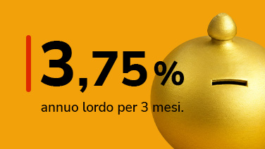 Tasso 3,75% annuo lordo per 3 mesi vicino a un salvadanaio dorato.