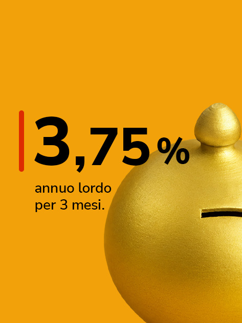 Tasso 3,75% annuo lordo per 3 mesi vicino a un salvadanaio dorato.