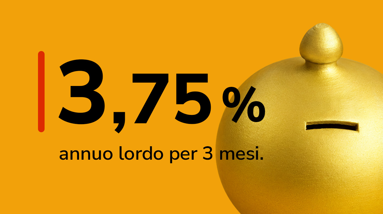 Tasso 3,75% annuo lordo per 3 mesi vicino a un salvadanaio dorato.