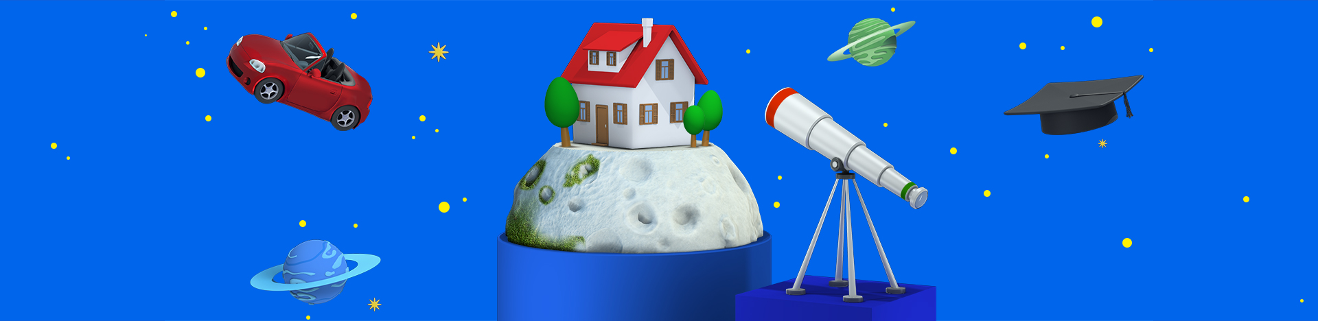 disegno 3D che raffigura un telescopio puntato su un pianeta su cui è raffigurata una casa e su un cielo stellato in cui fluttuano pianeti, un auto, un cappello di laurea