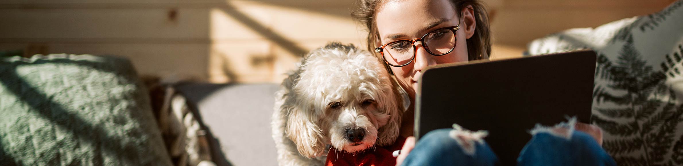 Ragazza con cagnolino consulta il suo tablet in soggiorno