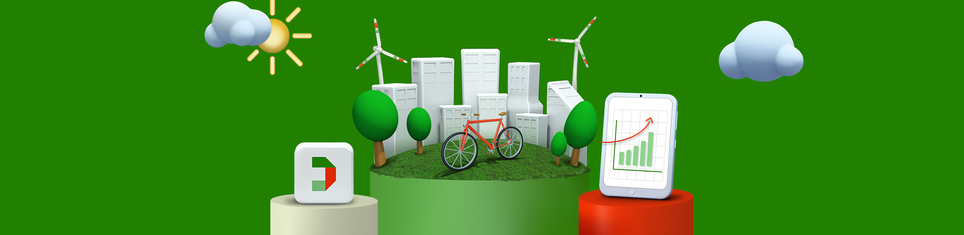Disegno 3D su fondo verde che rappresenta il pittogramma di Fideuram Direct, una città sostenibile e l'operatività trading a distanza