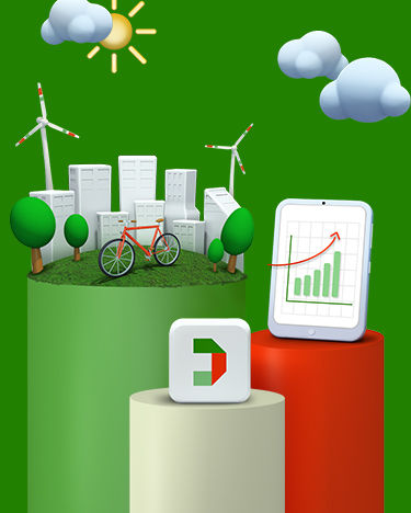 Disegno 3D su fondo verde che rappresenta il pittogramma di Fideuram Direct, una città sostenibile e l'operatività trading a distanza
