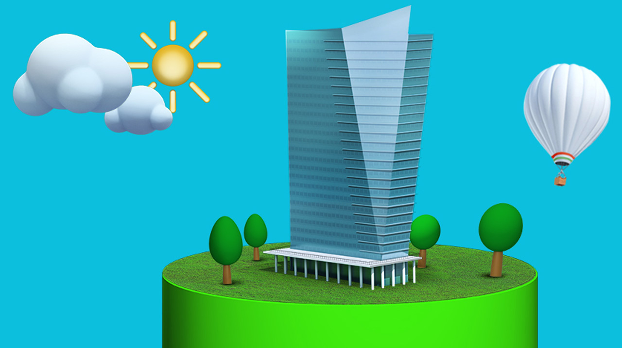 Disegno 3D che rappresenta un grattacielo inserito in un ambiente sostenibile