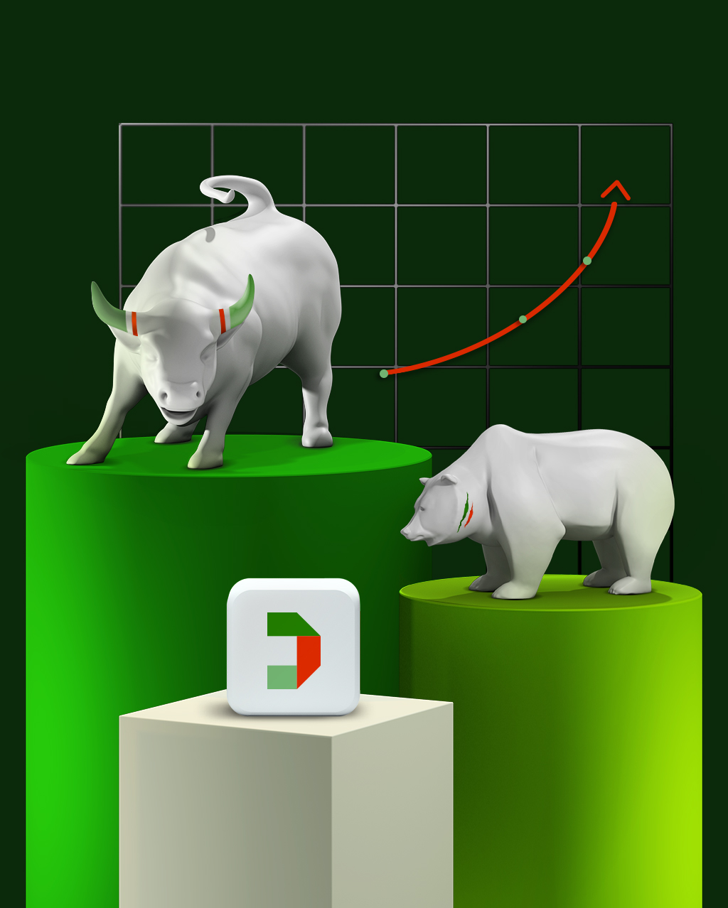 Disegno 3D che rappresenta il toro, l'orso e il pittogramma di Fideuram Direct